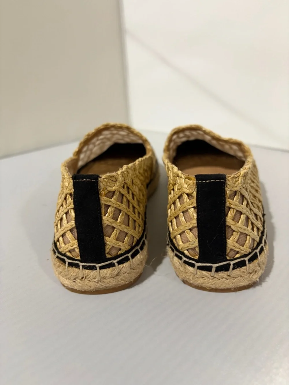 Woven Espadrille Slip-On Flats in Black and‎ Tan